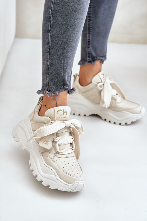 Dames Leer Sneakers model schoenen beige CheBello 4583