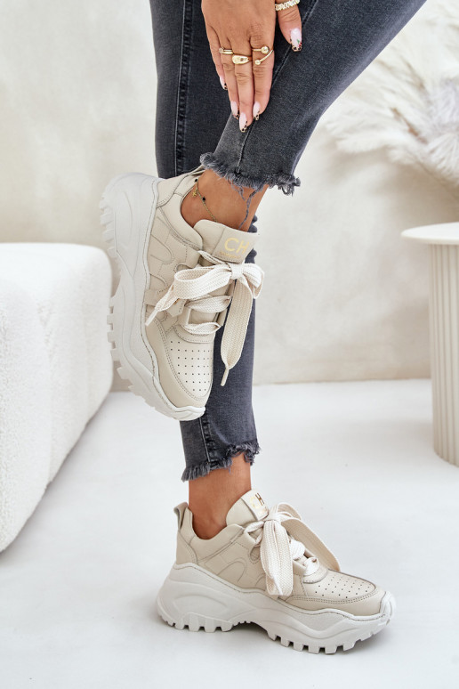 Dames Leer Sneakers model schoenen beige CheBello 4583