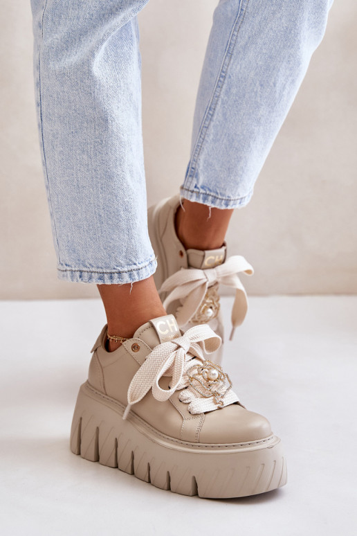 Sneakers model schoenen Dames met trendy massieve zolen met gouden details CheBello 4530 beige Sneakers model schoenen Dames met trendy massieve zolen met gouden details CheBello 4530 beige