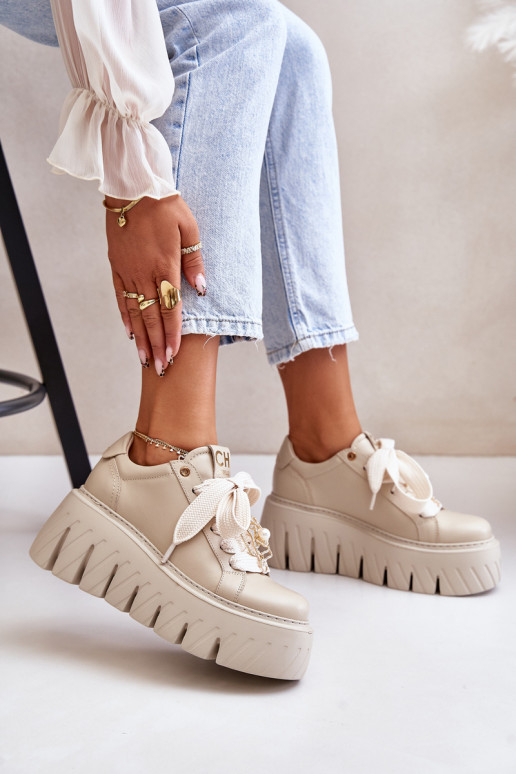 Sneakers model schoenen Dames met trendy massieve zolen met gouden details CheBello 4530 beige Sneakers model schoenen Dames met trendy massieve zolen met gouden details CheBello 4530 beige