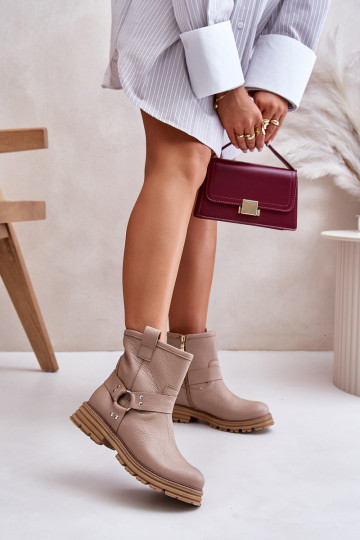 Leder-Damen-Stiefeletten mit breiten Absätzen LeĮskis 3610 sandfarbene Farbe 2