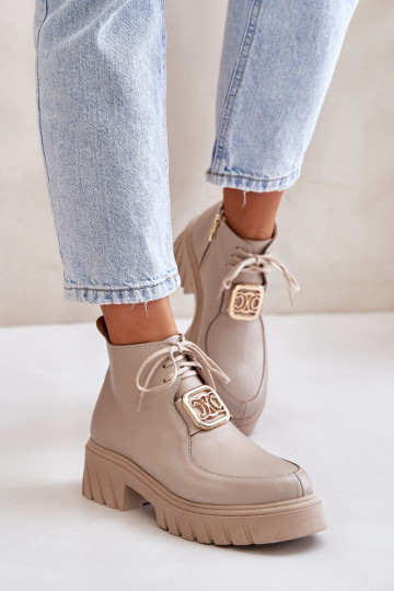 Leder Ankle Boots mit goldfarbenen Details sandfarben Zazoo 2952