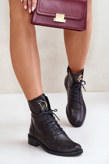 Bottines de travail en cuir avec détails dorés sur la languette, noires Zazoo 2955 2