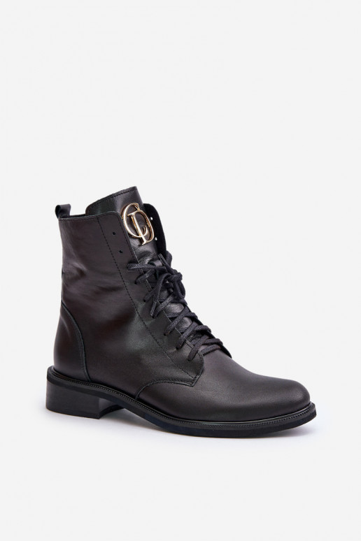 Zazoo 2955 Peau Bottines de travail Ze couleur doréem Detalem Activé Języku couleur noire