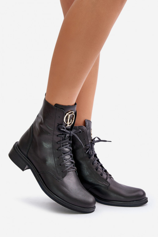 Zazoo 2955 Peau Bottines de travail Ze couleur doréem Detalem Activé Języku couleur noire