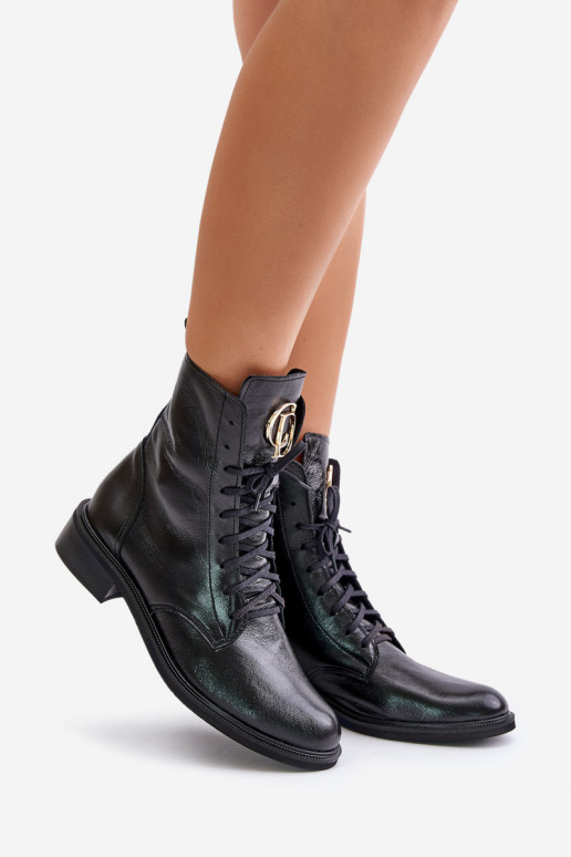 Zazoo 2955 avec effet vernis Bottines de travail Ze couleur doréem Detalem Activé Języku couleur noire