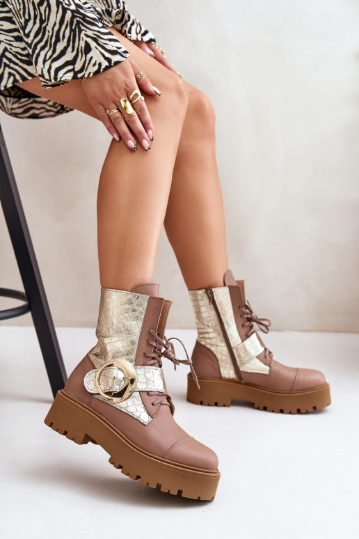 Zazoo 2942 Peau Bottines de travail avec boucles dorées beige Zazoo 2942 Peau Bottines de travail avec boucles dorées beige