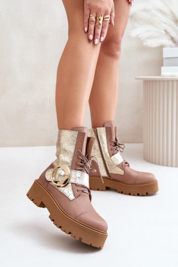 Zazoo 2942 Peau Bottines de travail avec boucles dorées beige 2
