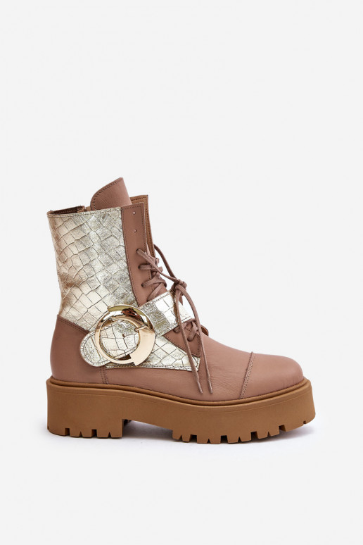 Zazoo 2942 Haut Arbeitsstiefeletten mit goldenen Schnallen Beige