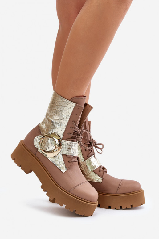 Zazoo 2942 Haut Arbeitsstiefeletten mit goldenen Schnallen Beige