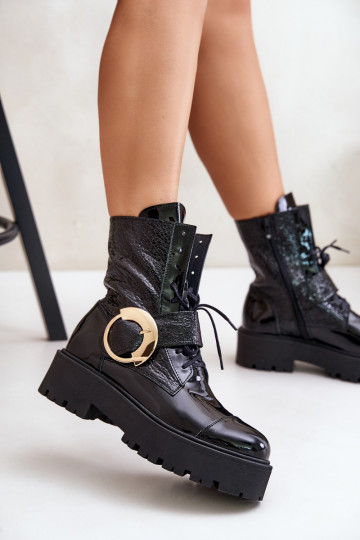 Leder Arbeitsstiefel mit goldfarbenen Schnallen schwarz Zazoo 2942