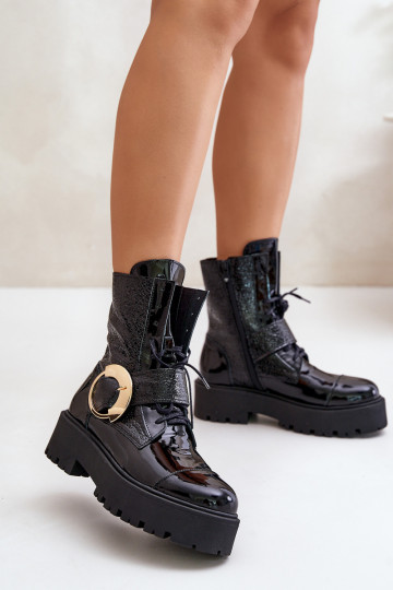 Zazoo 2942 Peau Bottines de travail avec boucles dorées couleur noire 2