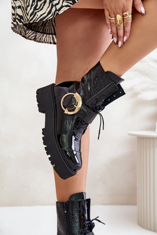 Zazoo 2942 Peau Bottines de travail avec boucles dorées couleur noire Zazoo 2942 Peau Bottines de travail avec boucles dorées couleur noire