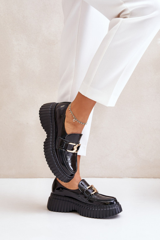 Zazoo 20176 avec effet vernis chaussures mocassins pour femmes Fabriqué en cuir naturel couleur noire