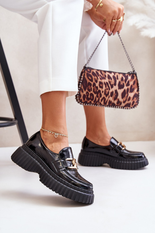 Zazoo 20176 avec effet vernis chaussures mocassins pour femmes Fabriqué en cuir naturel couleur noire