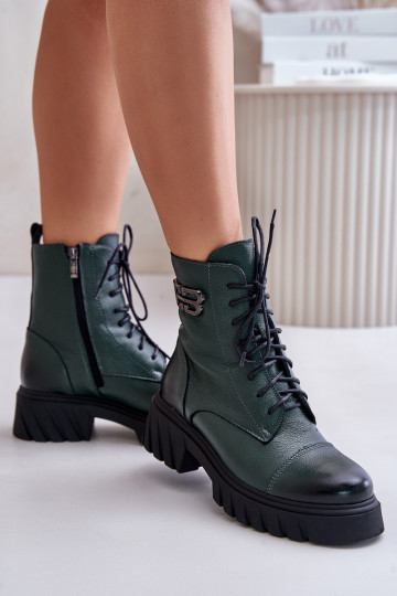 Zazoo 60486 leren warme veterschoenen, chaki kleur