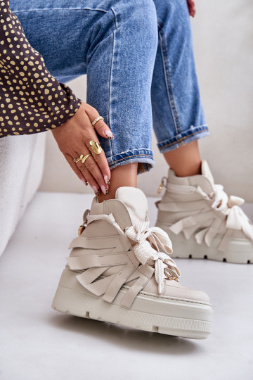 Leer Sneakers model schoenen Dames met platform CheBello 4561 beige