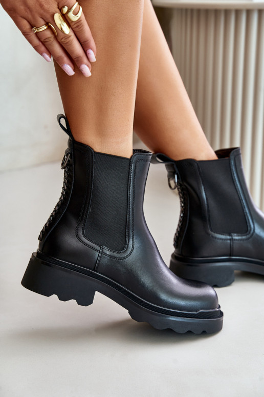 Peau bottes élégantes Avec une chaîne décorative réchauffer D&A JC42-86 couleur noire Peau bottes élégantes Avec une chaîne décorative réchauffer D&A JC42-86 couleur noire