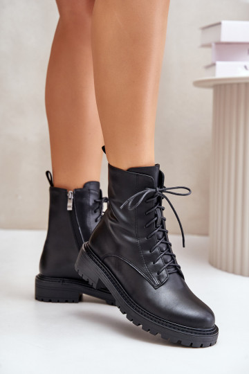 Bottines en cuir chaudes avec laçage et fermeture éclair Elosie couleur noire 2