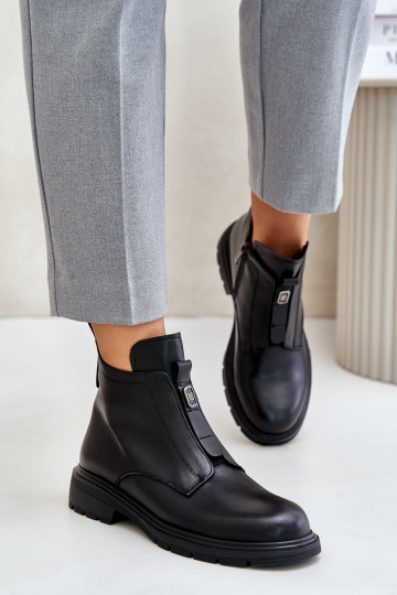 Warme Leder Stiefeletten mit breiten Absätzen Komisa schwarz