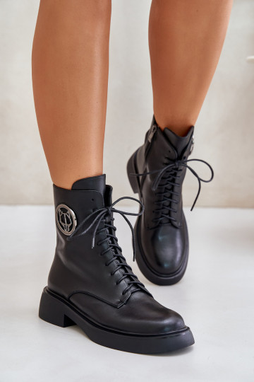 Bottines en cuir chaudes avec laçage, fermeture éclair et ornements Lorevine couleur noire 2