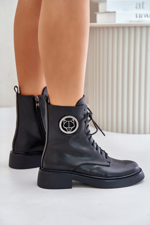 Peau Bottes chaudes à lacets Au Château avec des ornements couleur noire Lorevine