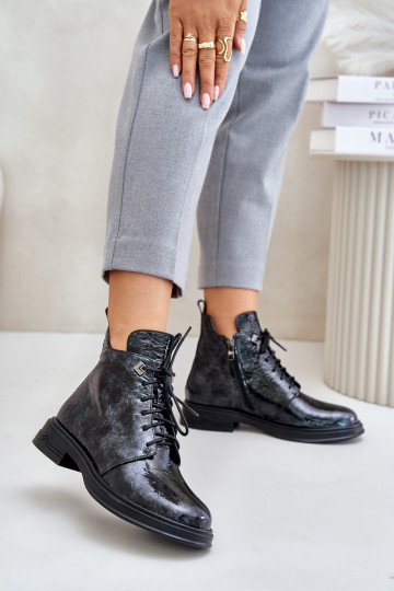 Peau avec effet vernis Bottes pour femmes réchauffer Au Château D&A LZ42-042 Noir et-couleur grise 2