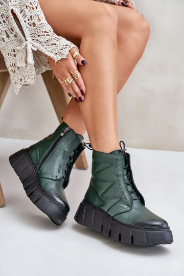 Zazoo 60472 Leer Laarzen met platform I Koturnie kaki kleuren