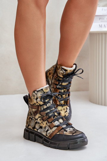 Bottines en cuir à semelle plate avec lacets Tai Turiciejka 06158-25, couleur dorée