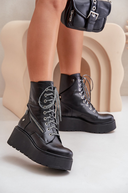 Peau Bottines de travail avec une plateforme I Koturnie Il fautciejka 06676-01 couleur noire Peau Bottines de travail avec une plateforme I Koturnie Il fautciejka 06676-01 couleur noire