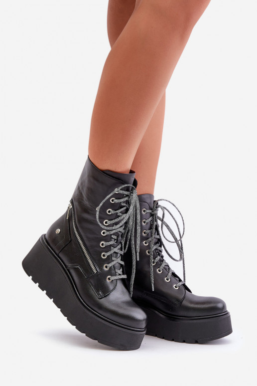 Peau Bottines de travail avec une plateforme I Koturnie Il fautciejka 06676-01 couleur noire Peau Bottines de travail avec une plateforme I Koturnie Il fautciejka 06676-01 couleur noire