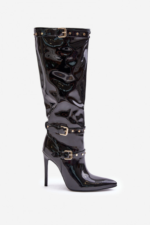 avec effet vernis bottes avec des talons fins avec boucles couleur noire Emiraethe avec effet vernis bottes avec des talons fins avec boucles couleur noire Emiraethe