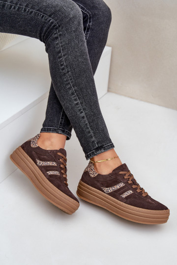 Zachte sneakers in sportstijl met platform en luipaardprint, in chocoladekleur