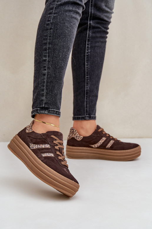 Zazoo N1176 van suède Sneakers model schoenen met platform met luipaardbontpatronen CzekoladoIne Zazoo N1176 van suède Sneakers model schoenen met platform met luipaardbontpatronen CzekoladoIne