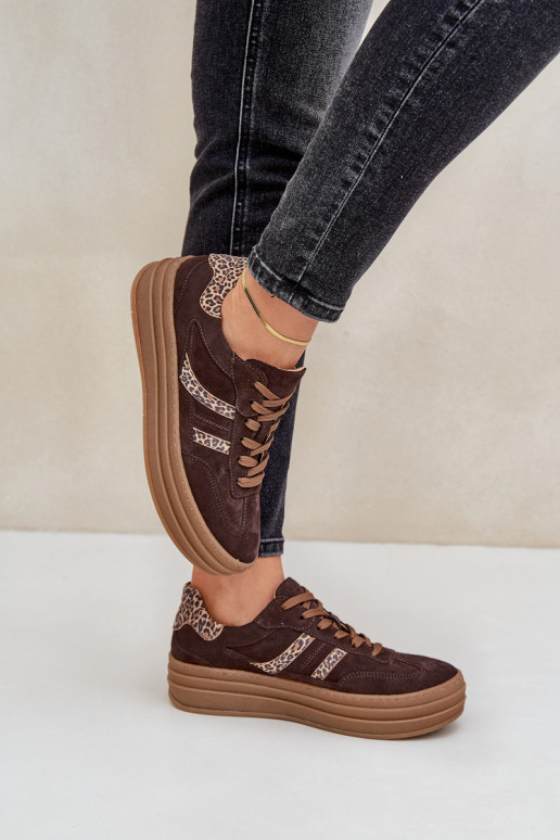Zazoo N1176 van suède Sneakers model schoenen met platform met luipaardbontpatronen CzekoladoIne Zazoo N1176 van suède Sneakers model schoenen met platform met luipaardbontpatronen CzekoladoIne