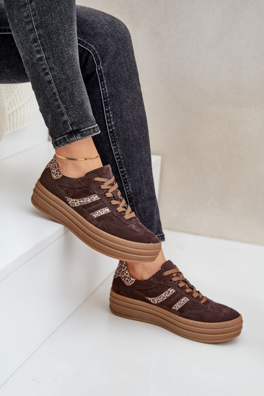 Zazoo N1176 van suède Sneakers model schoenen met platform met luipaardbontpatronen CzekoladoIne Zazoo N1176 van suède Sneakers model schoenen met platform met luipaardbontpatronen CzekoladoIne