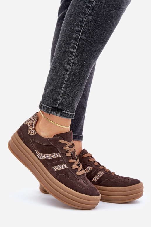 Zazoo N1176 van suède Sneakers model schoenen met platform met luipaardbontpatronen CzekoladoIne Zazoo N1176 van suède Sneakers model schoenen met platform met luipaardbontpatronen CzekoladoIne