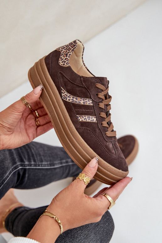 Zazoo N1176 van suède Sneakers model schoenen met platform met luipaardbontpatronen CzekoladoIne Zazoo N1176 van suède Sneakers model schoenen met platform met luipaardbontpatronen CzekoladoIne