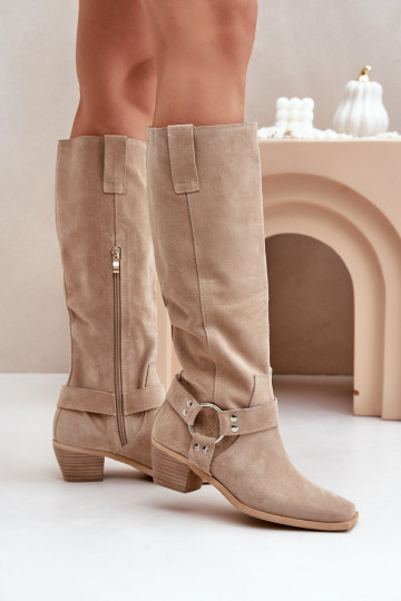 Bottes en daim à talon bas avec tige jusqu'aux genoux Zazoo 3444/O couleur ivoire 2