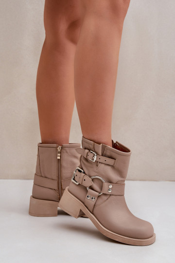 Bottines en cuir pour femmes à talon bas avec lanières Zazoo 3644 couleur sable
