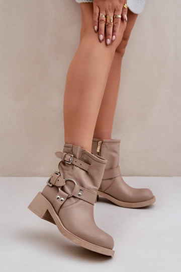 Leder Damen Stiefeletten mit niedrigem Absatz und Riemchen Zazoo 3644 in sandfarben 2