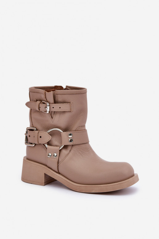 Peau Bottes pour femmes Sur un talon bas Klocku avec des bandes Zazoo 3644 beige Peau Bottes pour femmes Sur un talon bas Klocku avec des bandes Zazoo 3644 beige