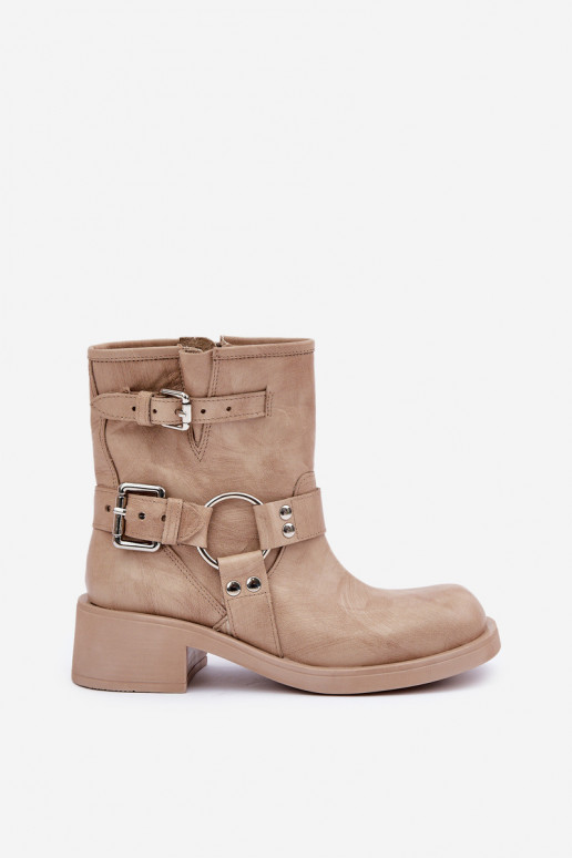 Peau Bottes pour femmes Sur un talon bas Klocku avec des bandes Zazoo 3644 beige Peau Bottes pour femmes Sur un talon bas Klocku avec des bandes Zazoo 3644 beige