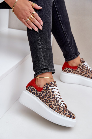 Leren sportschoenen met platform en luipaardprint Zazoo 3346 bruin-rood