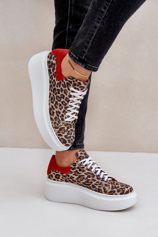 Leer Sneakers model schoenen met platform met luipaardbontpatronen Zazoo 3346 bruin-rood Leer Sneakers model schoenen met platform met luipaardbontpatronen Zazoo 3346 bruin-rood