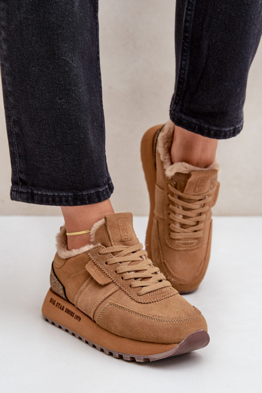 van suède Sneakers model schoenen Dames met bont I Błyszczącym Element Big Star OO274578 Hi-Poly System bruine kleur van suède Sneakers model schoenen Dames met bont I Błyszczącym Element Big Star OO274578 Hi-Poly System bruine kleur