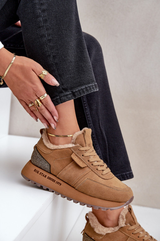 van suède Sneakers model schoenen Dames met bont I Błyszczącym Element Big Star OO274578 Hi-Poly System bruine kleur van suède Sneakers model schoenen Dames met bont I Błyszczącym Element Big Star OO274578 Hi-Poly System bruine kleur
