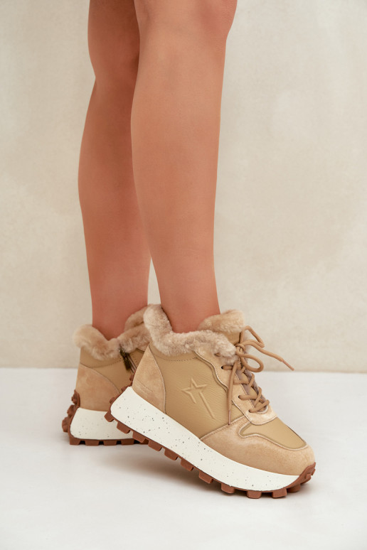 Leer Sneakers model schoenen schoenen Dames met bont met platform Big Star OO274A330 beige Leer Sneakers model schoenen schoenen Dames met bont met platform Big Star OO274A330 beige