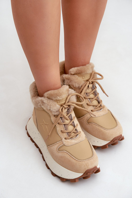 Peau Chaussures modèle baskets chaussures Féminin avec un manteau de fourrure avec une plateforme Big Star OO274A330 beige Peau Chaussures modèle baskets chaussures Féminin avec un manteau de fourrure avec une plateforme Big Star OO274A330 beige