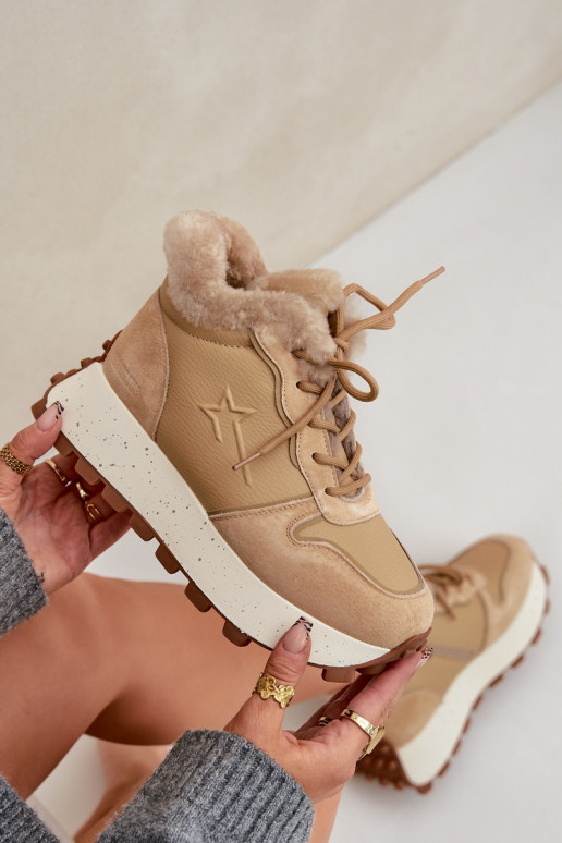 Leer Sneakers model schoenen schoenen Dames met bont met platform Big Star OO274A330 beige Leer Sneakers model schoenen schoenen Dames met bont met platform Big Star OO274A330 beige